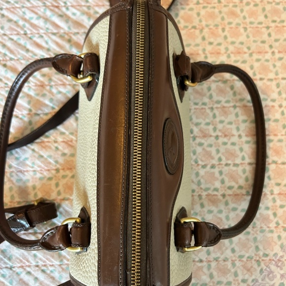 Vintage 80s Dooney & Bourke All Weather Leather Boston Satchel Bag, Cream & Brwn - Picture 8 of 16